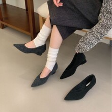 2025冬新款显瘦韩版尖头浅口高跟坡跟一脚蹬瓢鞋绒面通勤鞋