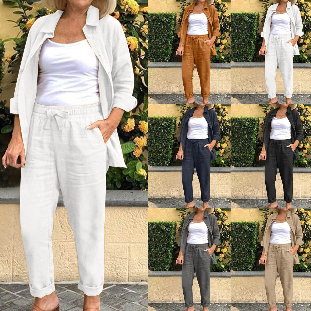 现货亚马逊跨境2025春秋新款外贸女装纯色休闲套装长袖长裤两件套