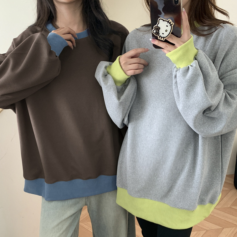 Autumn plus-size, loose-fitting, versatile top for women, new style, round neck, waffle knit, color-blocked, casual sweatshirt Autumn plus-size, loose-fitting, versatile top for women, new style, round neck, waffle knit, color-blocked, casual sweatshirt