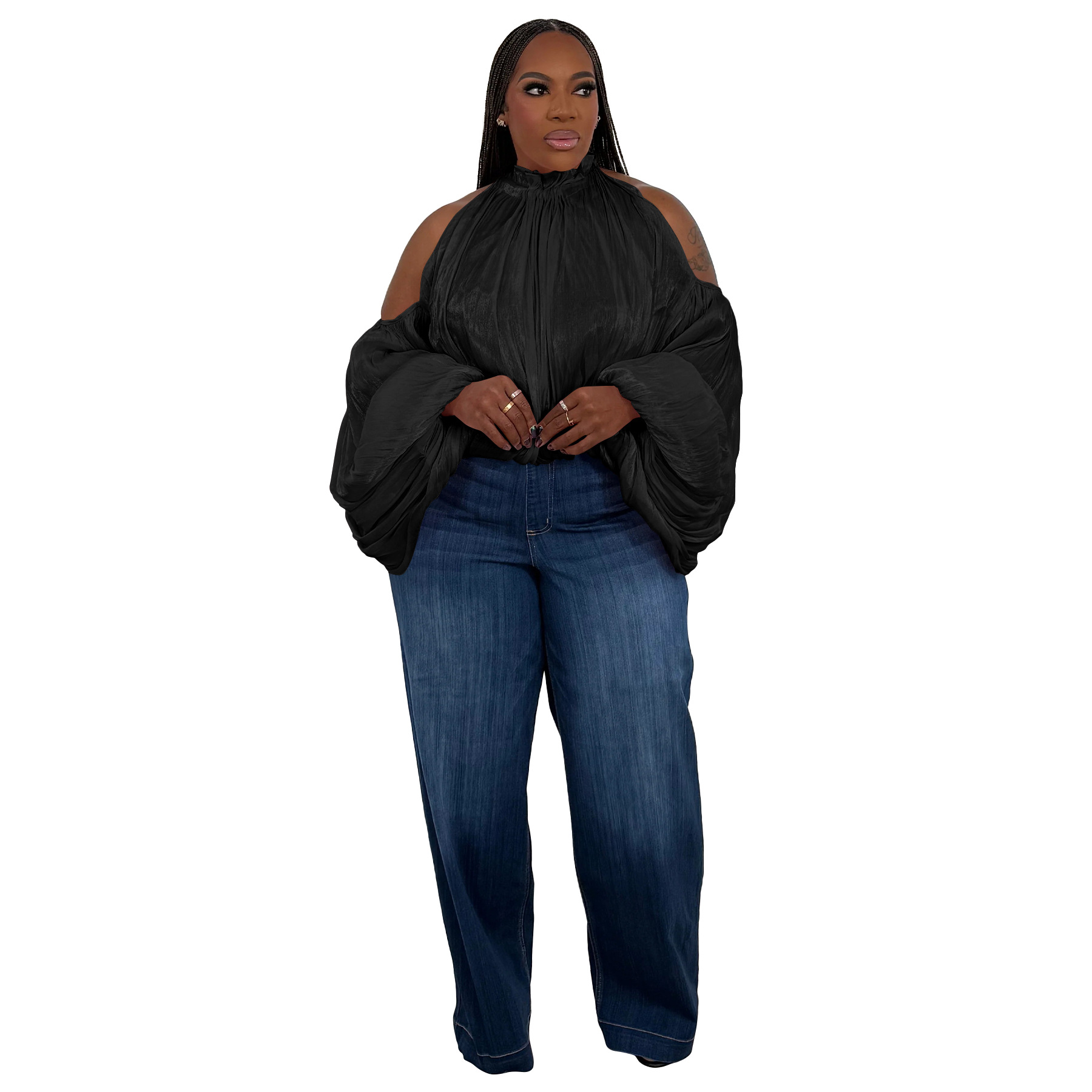 Damen-Organza-Top N8147, locker geschnitten, schulterfrei, mit Laternenärmeln, langen Ärmeln und Rückenbindeband, Herbsttop_voghion.com