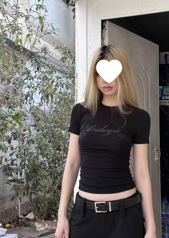[260g Rayon Modal] Hot Girl Hot Diamond Cat Claw Right Shoulder Round Neck Short-Sleeved T-Shirt Women's Slim Top Black
