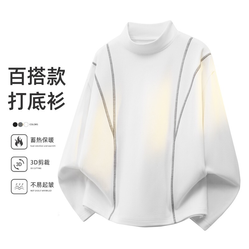 Heavyweight deconstructed fleece long-sleeve mock-neck T-shirt for men, American style solid color warm base layer, versatile casual top
