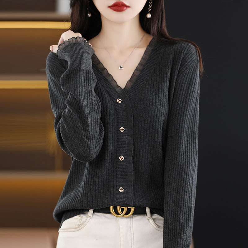 Spring and Autumn New Long-Sleeved Shirt for Women, Mulberry Silk Style Shirt, Lace Edge Knitted Bottoming Knitted Collar Top