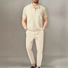 2024秋季新款欧美外贸男装纯色套装华夫格翻领短袖拉链长裤套装