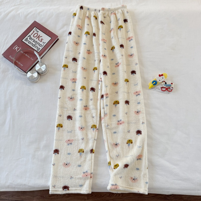 Invierno nuevo pantalones cálidos de franela estilo de caricatura coreano para mujeres más grueso y terciopelo cálido para el hogar pijamas de lana se pueden usar fuera