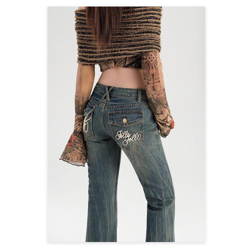 American Retro Style Spicy Girl Low-Waist Embroidered Flared Jeans for Women, Spring 20256 New Slim-Fit Floor-Length Flared Pants