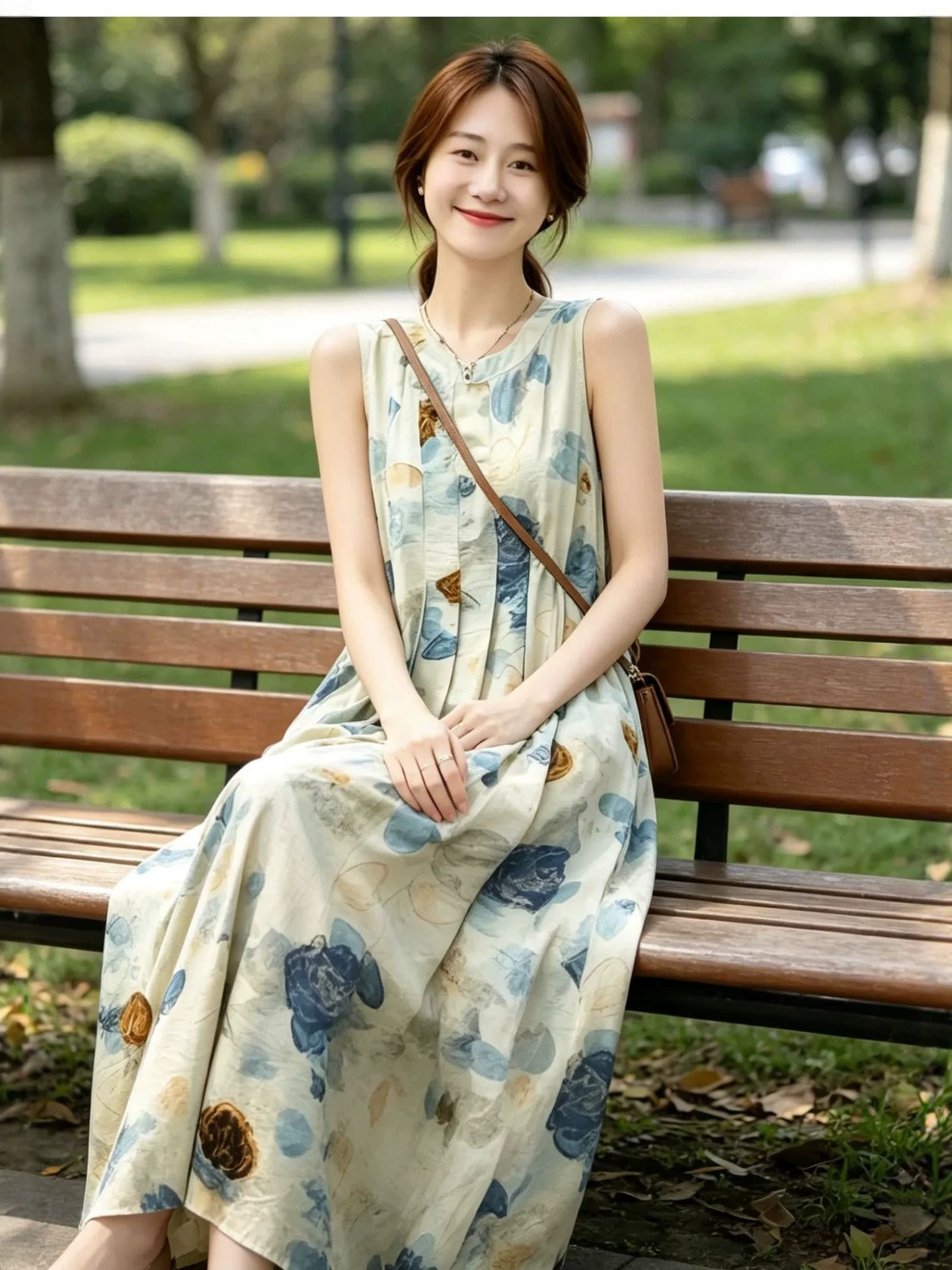 Đầm maxi nữ thắt eo cổ tròn không tay họa tiết hoa nhí — Váy in màu xanh