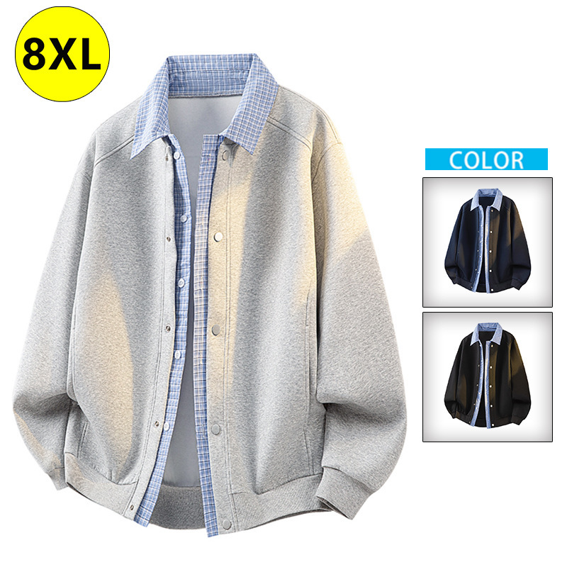 Plus-size faux two-piece lapel jacket for men, new autumn style, loose casual baseball jacket, extra-large knitted coat