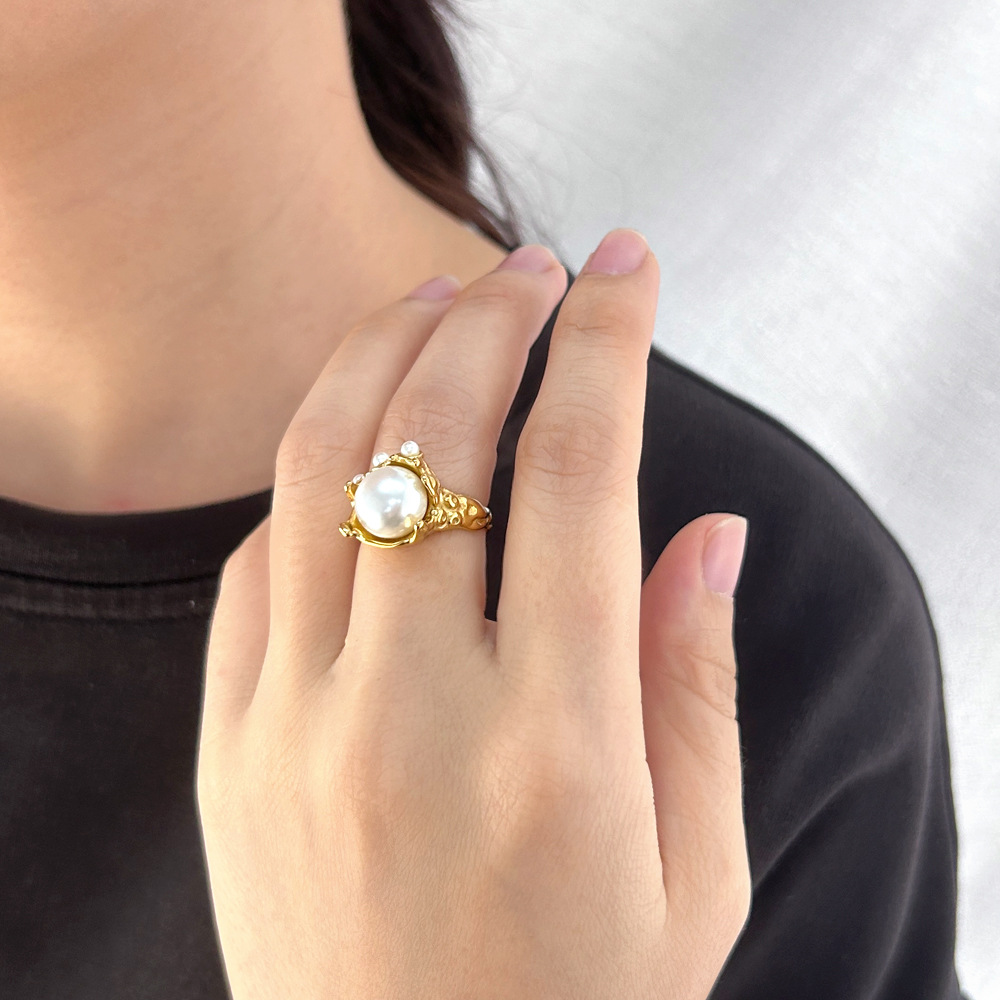 Winter Warm Sun pearl ring stainless steel Chinese style retro round flawless ring engagement wedding women's ring