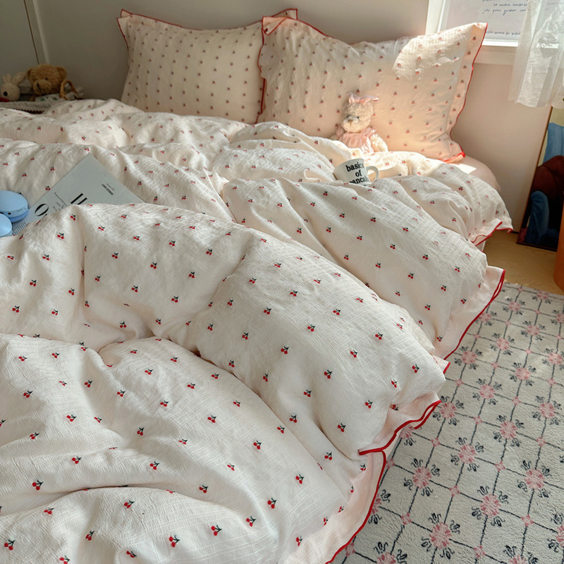 ins韩系少女温柔小樱桃大提花剪花水洗棉密拷花边学生宿舍四件套|undefined