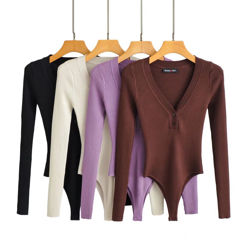 European and American Style Autumn and Winter New Sexy V-Neck Buttoned High-Waisted Slim-Fit Stretchy Long-Sleeve One-Piece Knit Jumpsuit for Women European and American Style Autumn and Winter New Sexy V-Neck Buttoned High-Waisted Slim-Fit Stretchy Long-Sleeve One-Piece Knit Jumpsuit for Women