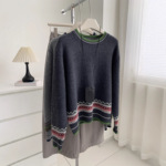 民族风拼色圆领提花针织衫女垂感软糯韩系复古松弛感含兔毛毛衣冬