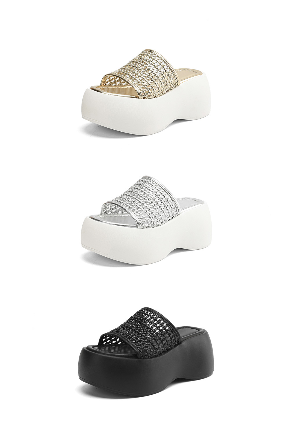 Dép sandal nữ quai chữ V đế xuồng cao, đan rỗng đi biển mùa hè — Màu đen, Màu vàng, Màu bạc chi tiết 24