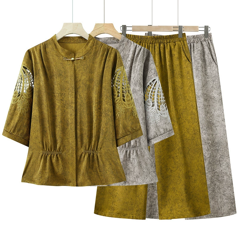 Весенний костюм для мамы, модные весенне-летние рубашки для среднего и пожилого возраста, рубашки из искусственного шелка, новые топы 2025 года, комплект из двух предметов для женщин.