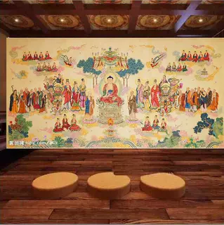 佛像佛祖墙纸大堂法会菩萨神台背景壁纸佛堂寺庙佛系敦煌无缝墙布