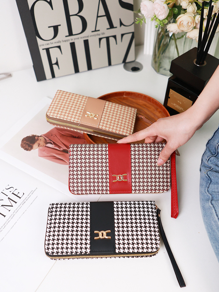 Etiqueta transfronteriza nueva billetera de mujer de pata de gallo billetera larga con estampado de cremallera billetera de moda bolso de tarjeta de teléfono móvil