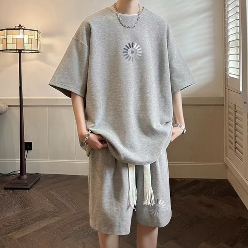 Men's Summer Simple Set Trend Brand Youth Honeycomb Short Sleeve T-Shirt and Five-Finger Shorts Casual Sports Set Foreign Trade
