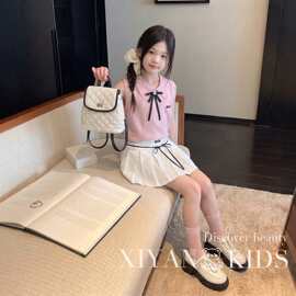 女童套装裙夏季新款学院风甜美可爱蝴蝶结无袖背心百褶短裙两件套
