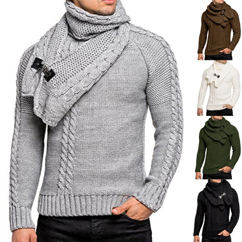 European and American cross-border 2022 new men's long-sleeved scarf detachable slim pullover sweater thickened sweater men's foreign trade