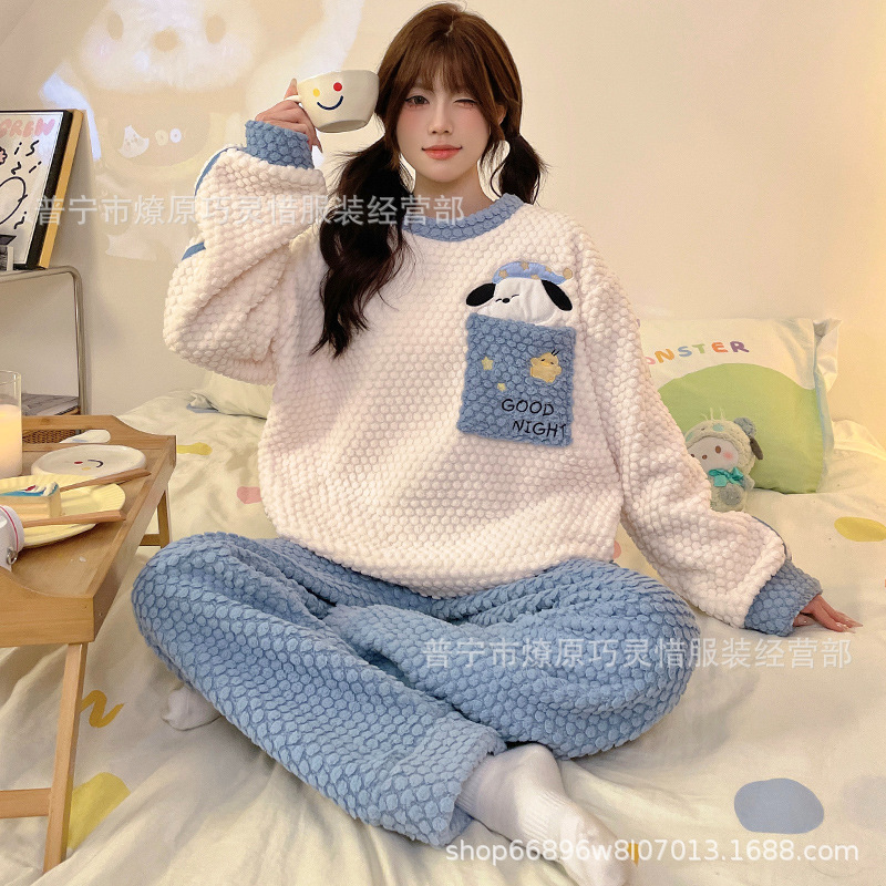 Franela otoño y invierno nueva linda niña caliente y gruesa dulce kitty gato suelto conjunto de pijamas se puede usar fuera