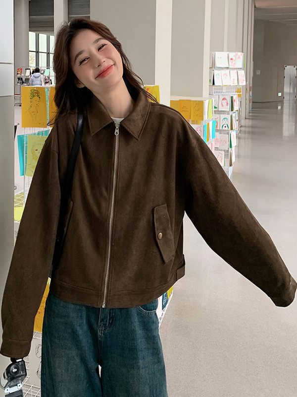 美拉德短款麂皮绒外套女春秋冬美式复古慵懒chic又酷又飒皮衣夹克|undefined