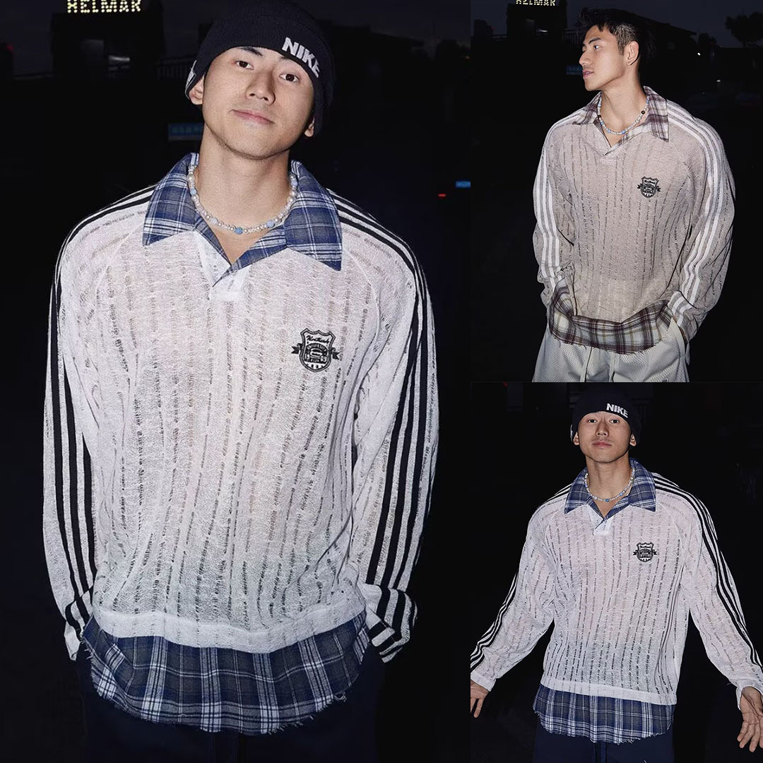 Otoño y invierno nuevo falso de dos piezas de manga larga hombre hueco polo camiseta con solapa cuadrilátero desgastado tela artesanal comercio exterior al por mayor transfronterizo