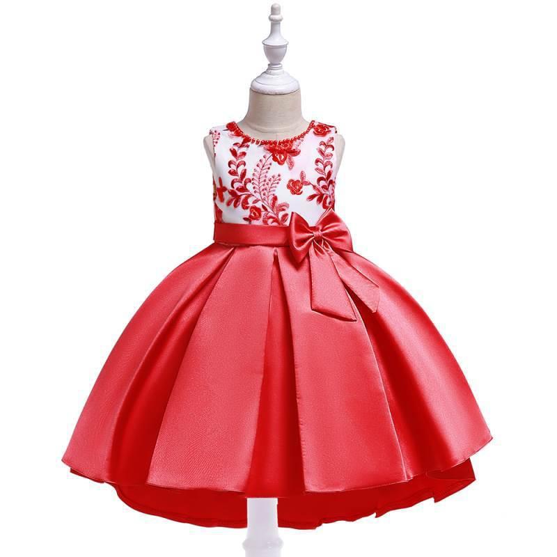Europeo y americano nuevo trailing vestido niñas hecho a mano con cuentas bordado princesa vestido sarta satén arco dovetail vestido