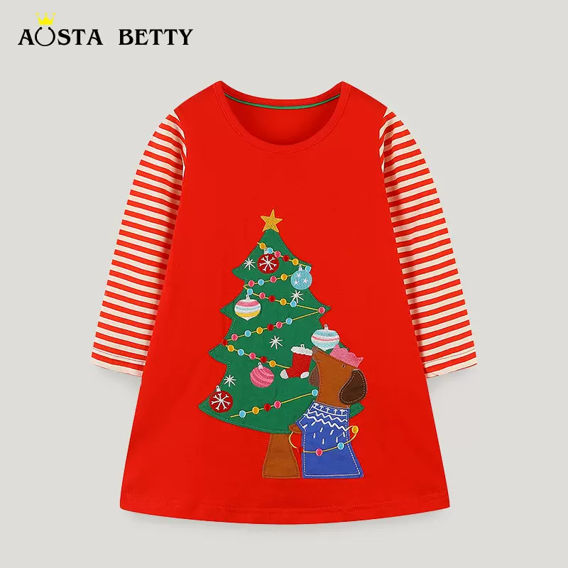 跨境货源欧美风秋季女童连衣裙可爱圣诞树拼接裙子中小童宝宝长裙