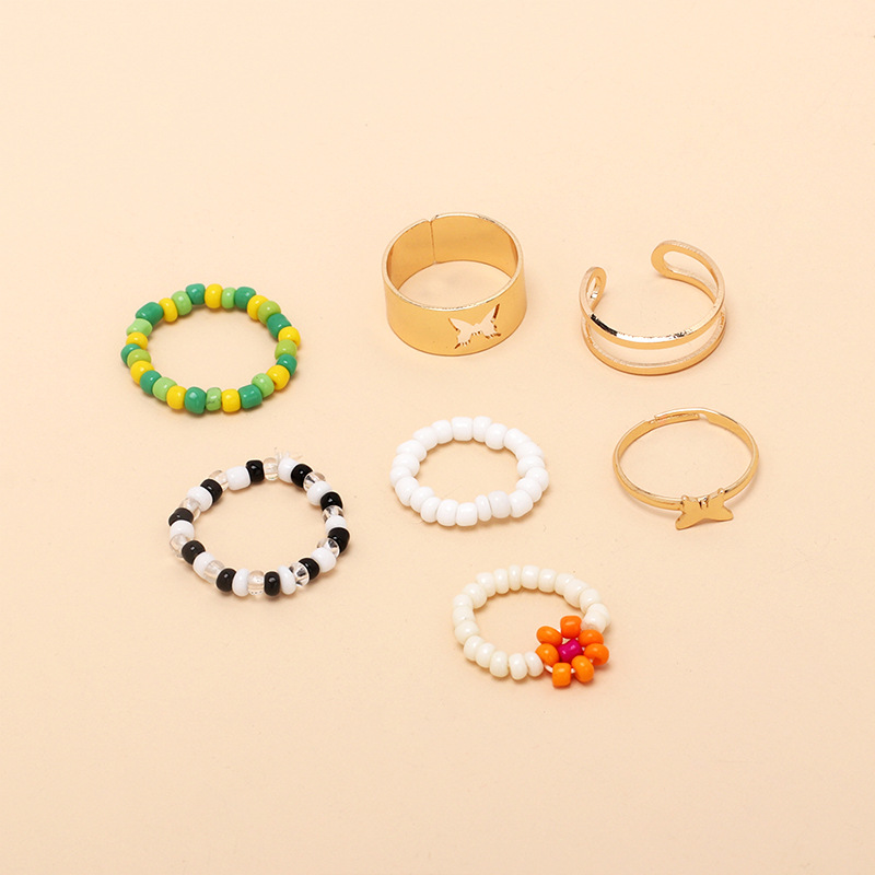 Wholesale Jewelry Metal Geometric Flower Rice Bead Ring Combination Set Nihaojewelry display picture 4