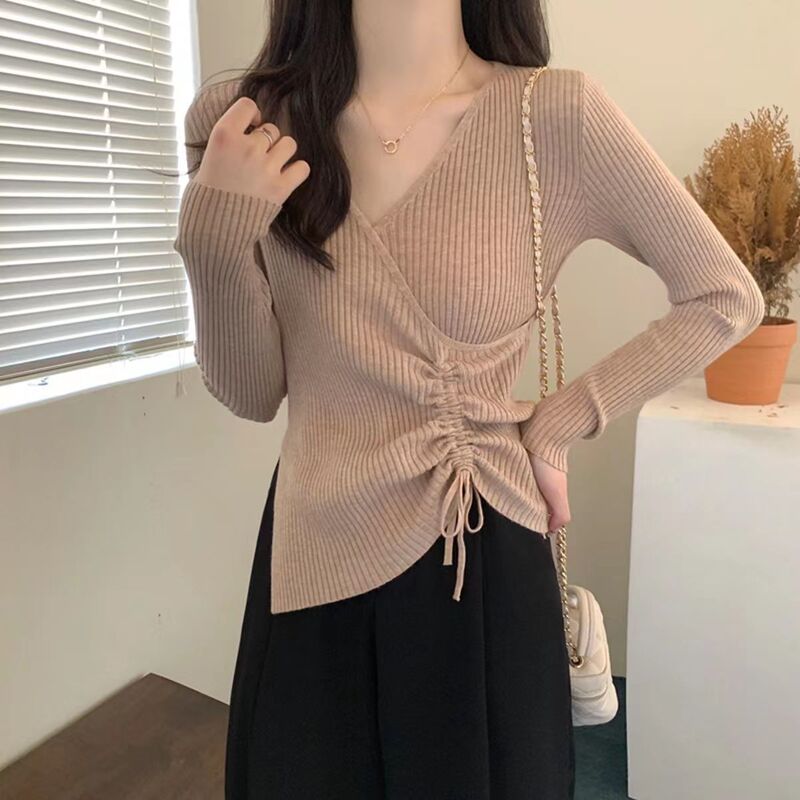 秋冬新款纯欲v领长袖针织打底衫毛衣女内搭设计感抽绳修身上衣潮|undefined