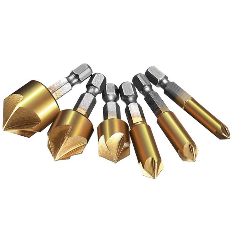 Cross-border hexagonal handle titanium-plated five-edged chamfering tool 6-19mm woodworking chamfering knife set 6pcs woodworking hole opener