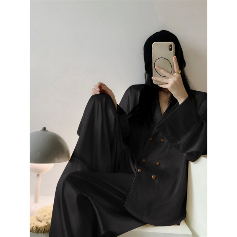 French High-grade Long-sleeved Ice Silk Pajamas Women's Spring and Autumn New Elegant Silk-like Satin Home Clothes suit Summer