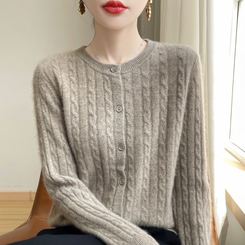 Cross-Border Spring and Autumn Round-Neck Knit Sweater for Women, New Single-Breasted Cardigan, Solid Color Andy Velvet Cable Knit Cardigan Sweater
