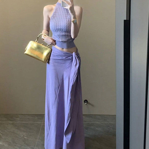 女性のための塩系ライトマチュアスタイルパープルスーツ2025新しい夏服ベストとスカートの2点セットの完全なセット|undefined