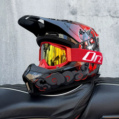 Motosiklet kaskı (dəbilqə) – Biking Downhill Full-Cover Helmet, All-Season - civet-catorz-red-frame-gold-mirror-s
