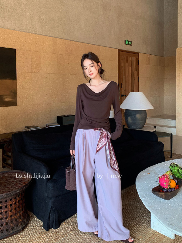 LS述致 纯色荡领长袖针织上衣2025早秋新品T恤打底衫女装 61059#|undefined