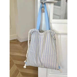 条纹撞色小清新帆布包上课通勤包高颜值单肩托特包抽绳