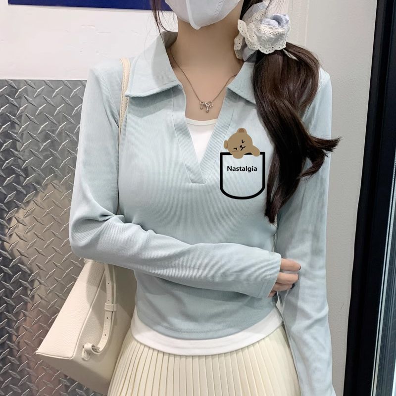polo领长袖t恤女别致拼色印花秋季新款韩版修身假两件打底衫女ins|undefined