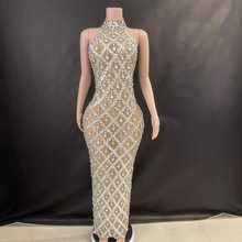 欧美现货闪亮水钻高领无袖性感网纱透视格子晚会酒会礼服裙镂空