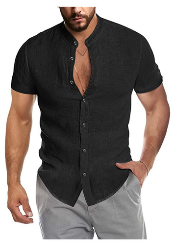 Summer V-neck Linen New Style Collarless Short-sleeve Men's Shirt, Versatile