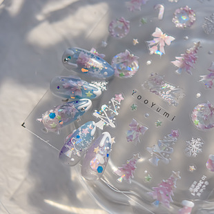 Tomoni Shell Light Nail Stickers Cute Iridescent Nail Stickers Rainbow Pink Christmas Tree Holiday Decoration Stickers