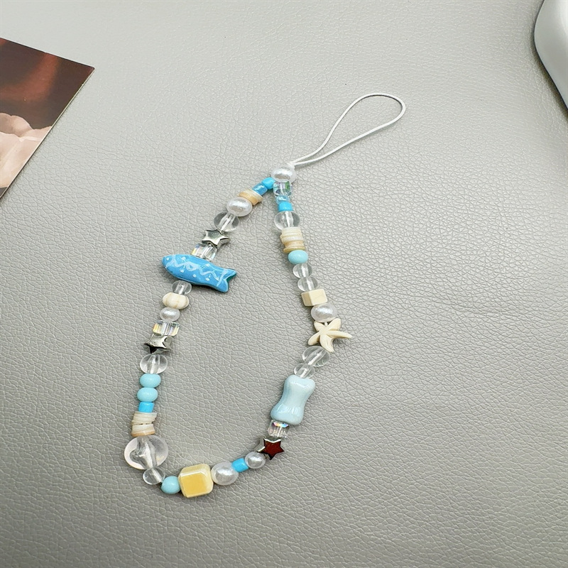 新款串珠手机链蓝色小鱼骨头配件手机挂绳淡蓝色系女款手机绳跨境