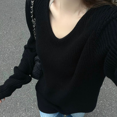宽松V领黑色毛衣女慵懒风秋季新款感长袖套头针织衫外穿上衣
