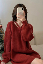 秋冬季新款慵懒风毛衣女宽松外穿洋气连衣裙中长款针织衫长袖上衣
