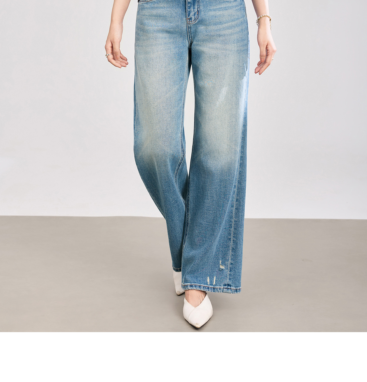 Quần jean nữ ống rộng cạp cao hiệu ứng mài rách phong cách vintage — xanh lam chi tiết 17
