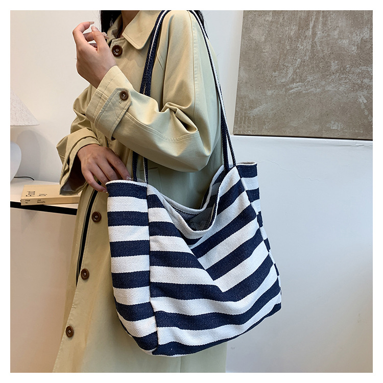 Laid-back striped canvas bag, Korean ins artistic color-blocking tote bag, large-capacity single-shoulder bag, shopping bag, large bag undefined