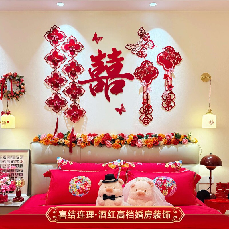 寻觅喜庆婚房布置套装结婚男女方新房高档酒红背景装饰婚礼喜字贴|undefined