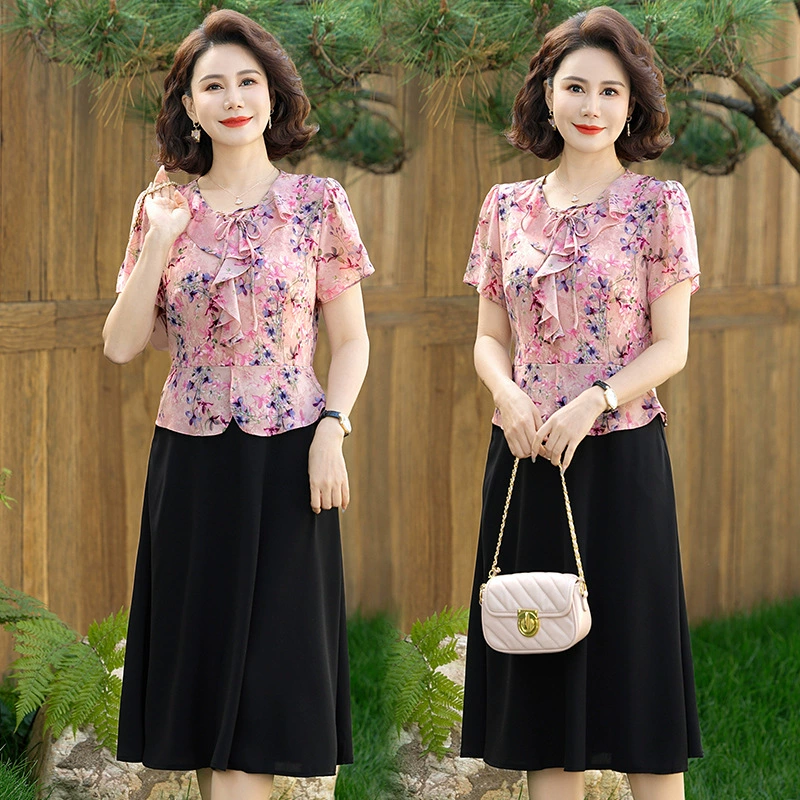 Новое летнее платье для матери среднего возраста, платье с цветочным принтом, модная летняя темпераментная юбка из двух частей с короткими рукавами для женщин среднего и пожилого возраста.