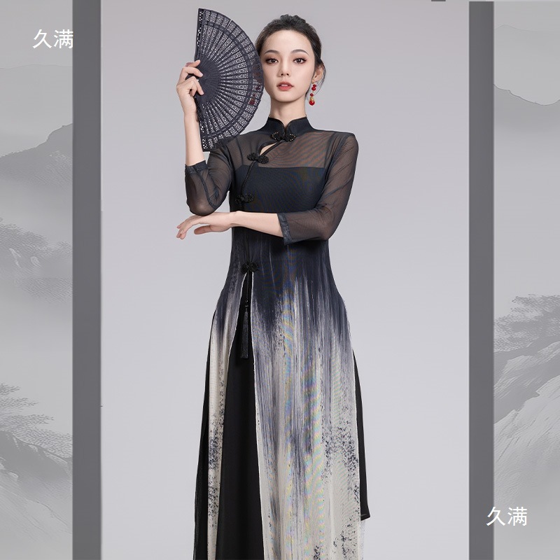 クラシックダンストップ女性のパフォーマンス服エレガントな新しい中国風の水墨画ダンスガーゼ袍服|undefined