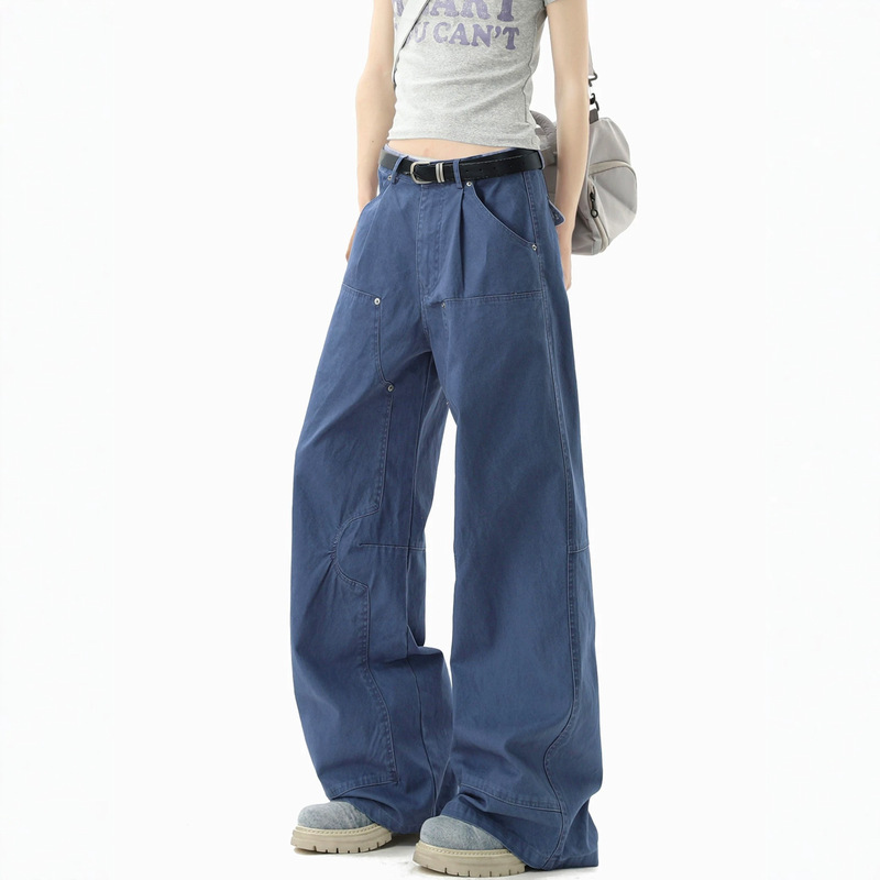 Trendy French Workwear Blue Denim Jeans for Men, Summer High Street Cleanfit Lumberjack Pants, Vintage Pleated Wide-Leg Pants